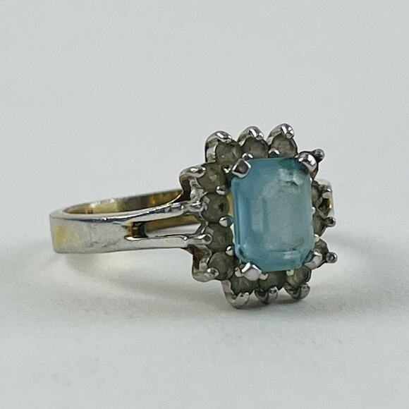 Vintage Ring 14K GE Gold Electroplate Taiwan Size 9 Aquamarine Blue Pale Rhinest - Picture 2 of 16